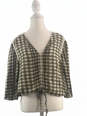 Sanctuary Clothing Olive Green Gingham Lace Trim Boho Blouse Top-Size Large